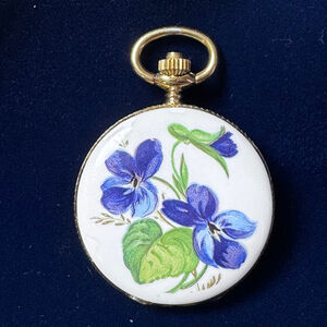 Vintage Bucherer Gold Floral Ceramic Quartz Pendant Watch Violet